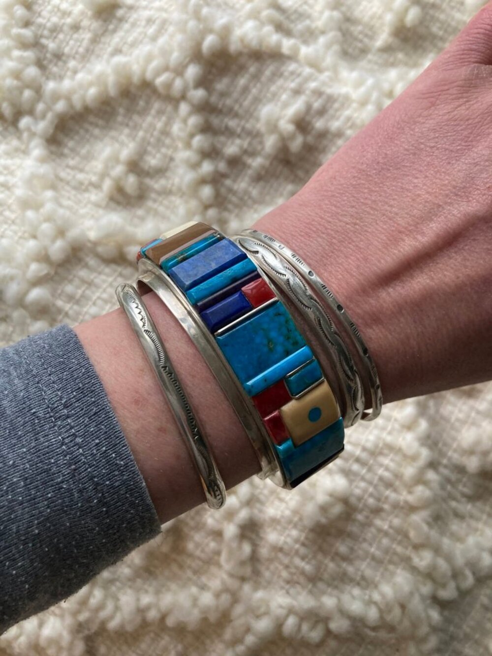 AMAZING Vintage Navajo Cobblestone Turquoise Orange Spiny Sterling Cuff bracelet